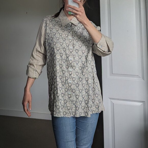 100% raw linen button down shirt with blue embroidery - Picture 13 of 15